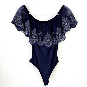 Alya Boutique Blue White Embroidered Scalloped Off Shoulder Blouse Bodysuit